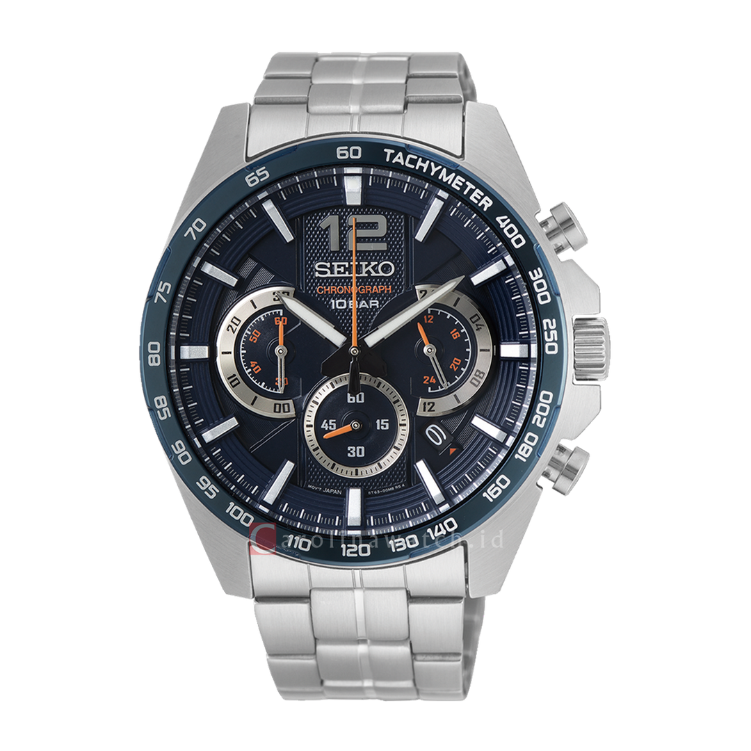 Jam Tangan Seiko Chronograph SSB345P1 Men Neo Sport Navy Dial Stainles Carolina Watch