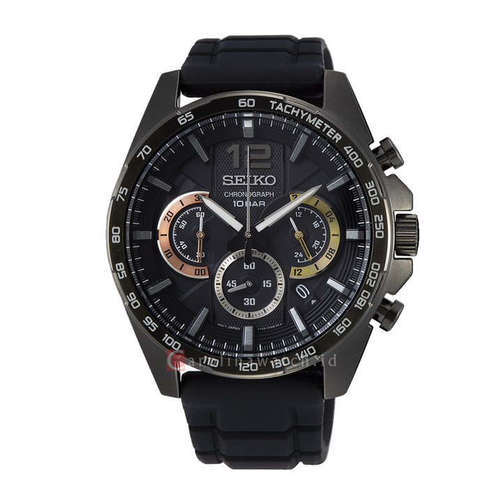 Jam Tangan Seiko Chronograph SSB349P1 Men Neo Sport Black Dial Black Rubber Strap