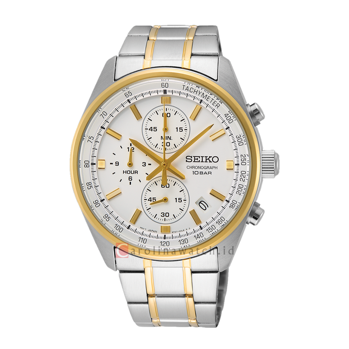 Jam Tangan Seiko Chronograph SSB380P1 Men White Dial Dual Tone Stainless Steel Strap
