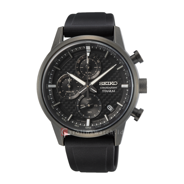 Jam Tangan Seiko Chronograph Titanium SSB393P1  Men Black Dial Black Rubber Strap