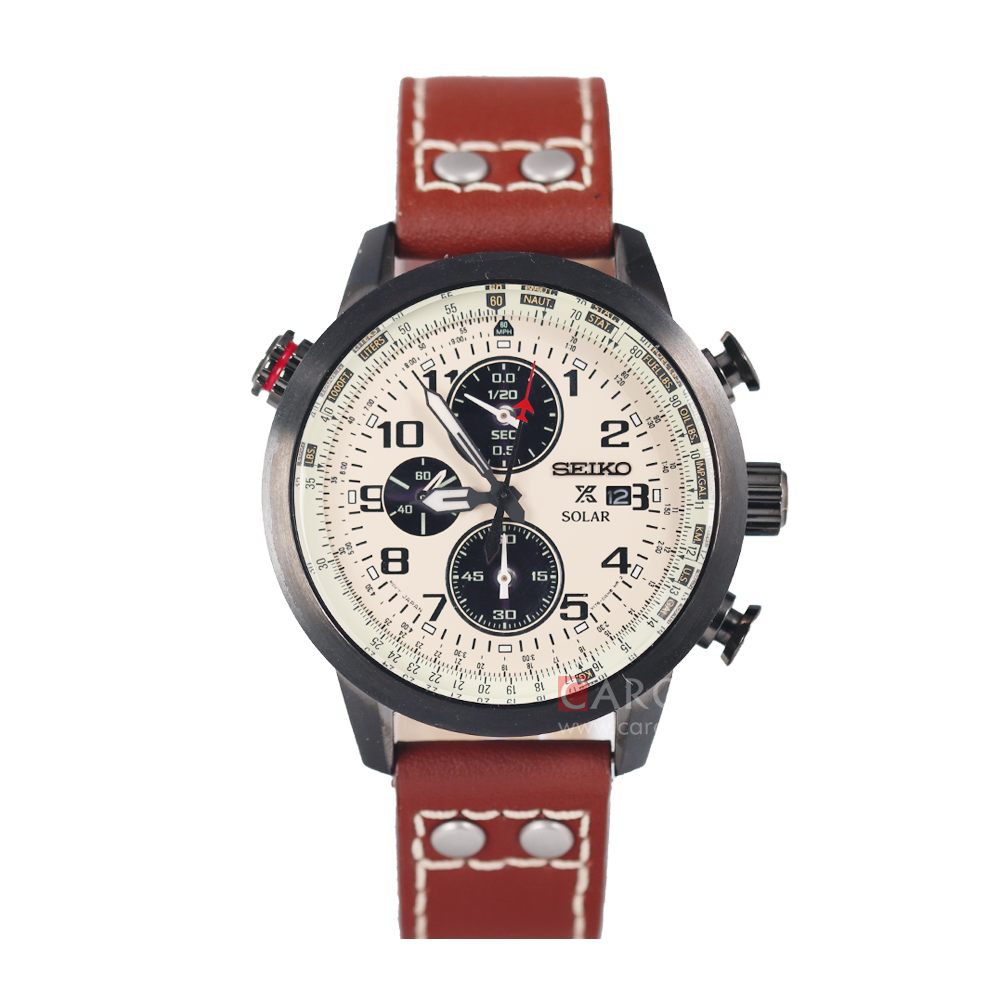 Jam Tangan Seiko Prospex Sky Solar Chronograph SSC425P1 Men Beige Dial Brown Leather Strap