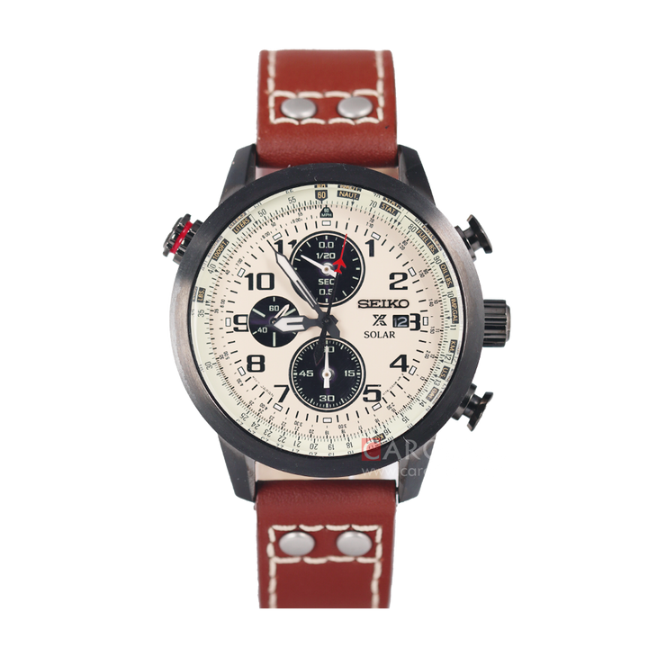 Jam Tangan Seiko Prospex Sky Solar Chronograph SSC425P1 Men Beige Dial Brown Leather Strap