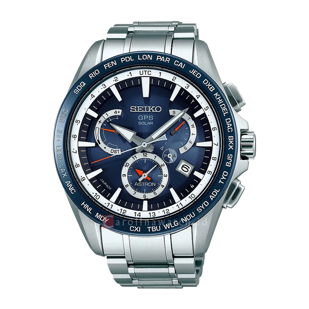 Jam Tangan Seiko Astron SSE053J1 Men 8X Dual Time GPS Solar Blue Dial Stainless Steel Strap (Limited Edition)