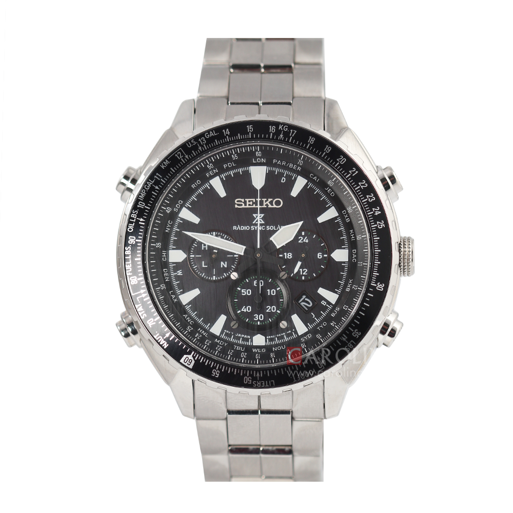 Jam Tangan Seiko Prospex  Radio Sync Solar World Time Chronograph SSG001P1 Men Black Dial Stainless Steel Strap