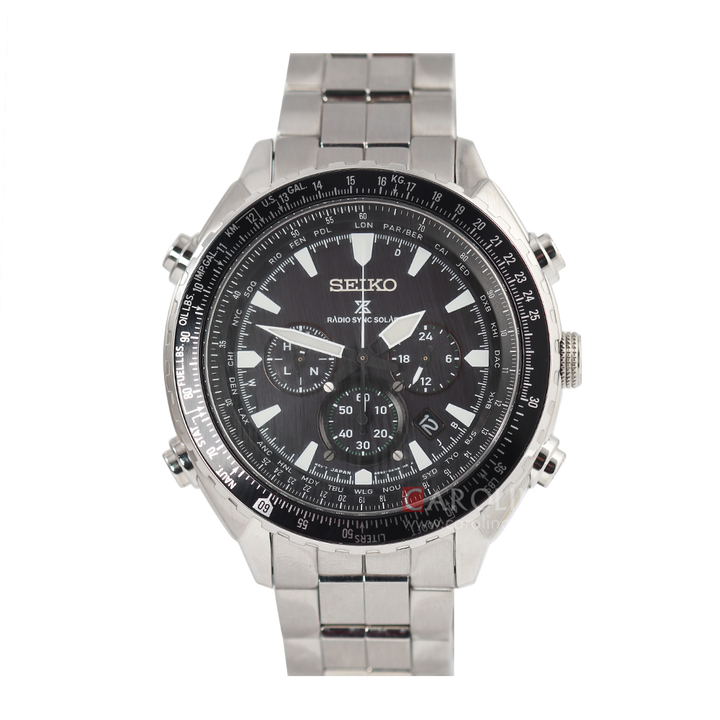 Jam Tangan Seiko Prospex  Radio Sync Solar World Time Chronograph SSG001P1 Men Black Dial Stainless Steel Strap