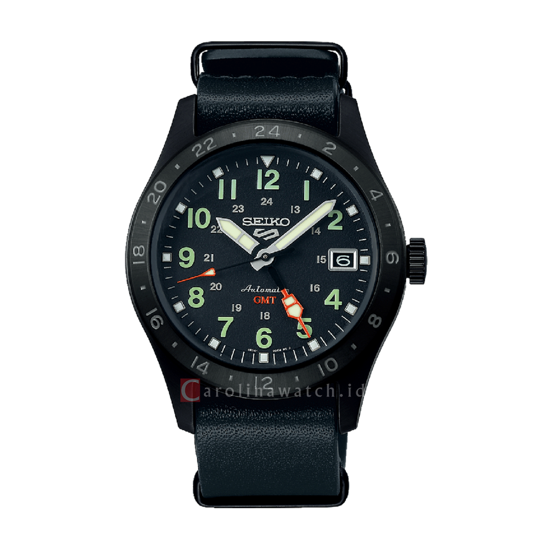 Jam Tangan Seiko 5 Sports SSK025K1 GMT Field Street Style Deception Black Dial Black Leather Strap