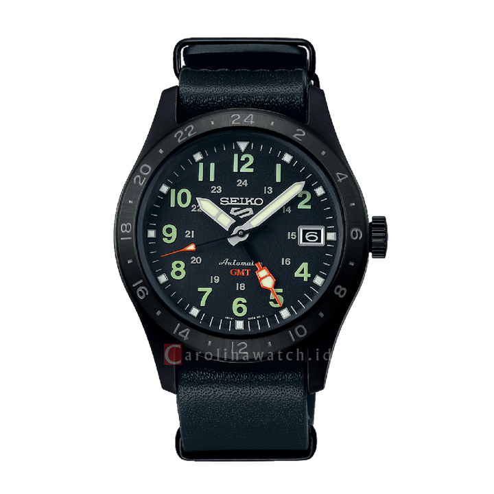 Jam Tangan Seiko 5 Sports SSK025K1 GMT Field Street Style Deception Black Dial Black Leather Strap