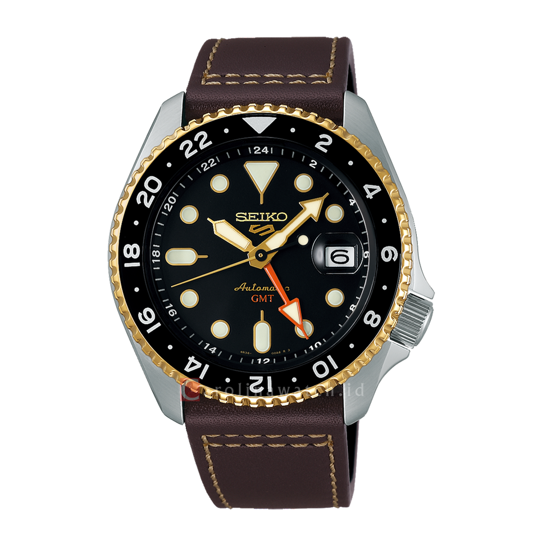 Jam Tangan Seiko 5 Sports SSK036K1 Men SKX Series Automatic GMT Black Dial Brown Leather Strap