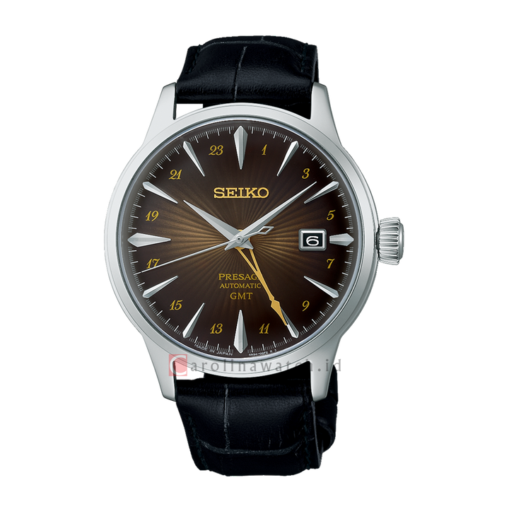 Jam Tangan Seiko Presage SSK039J1 Men Cocktail Time GMT Brown Dial Black Leather Strap