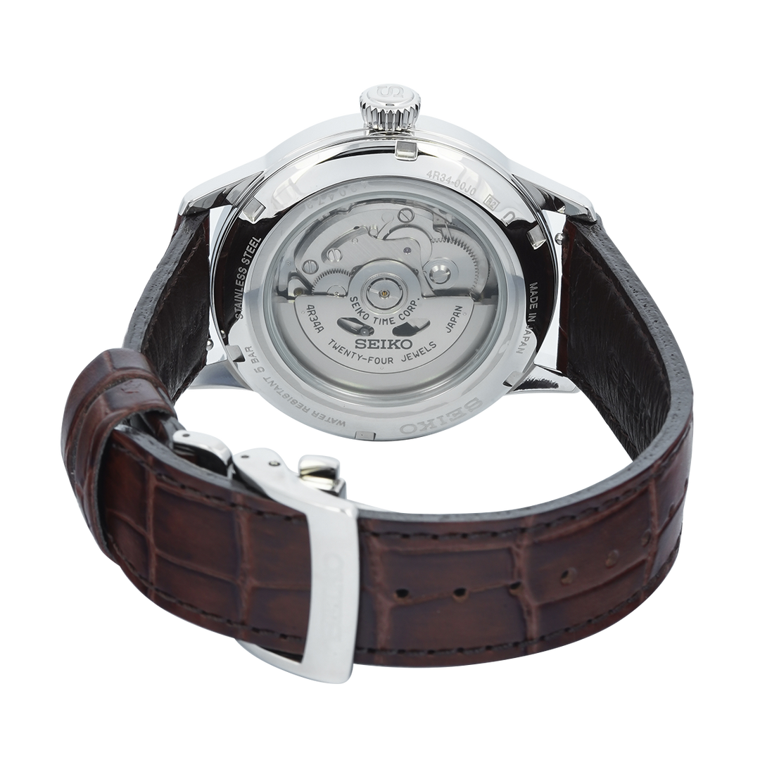 Jam Tangan Seiko Presage  SSK041J1 Men Cocktail Time GMT Acacia Ivory Dial Brown Leather Strap