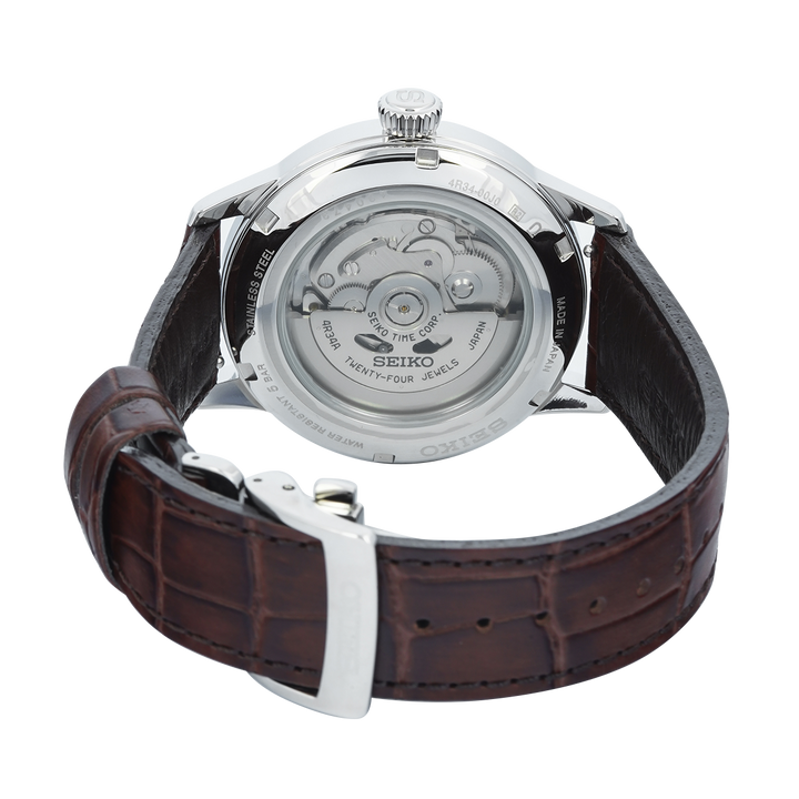 Jam Tangan Seiko Presage  SSK041J1 Men Cocktail Time GMT Acacia Ivory Dial Brown Leather Strap