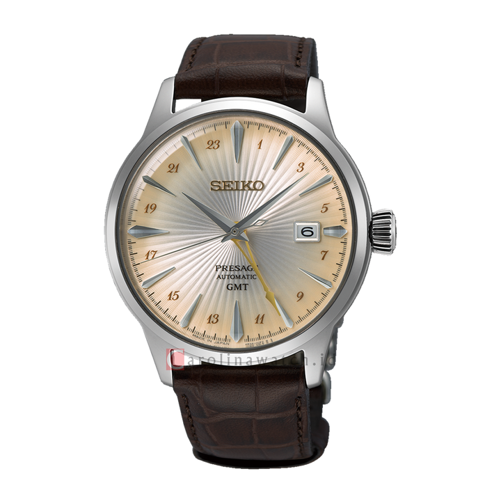 Jam Tangan Seiko Presage  SSK041J1 Men Cocktail Time GMT Acacia Ivory Dial Brown Leather Strap