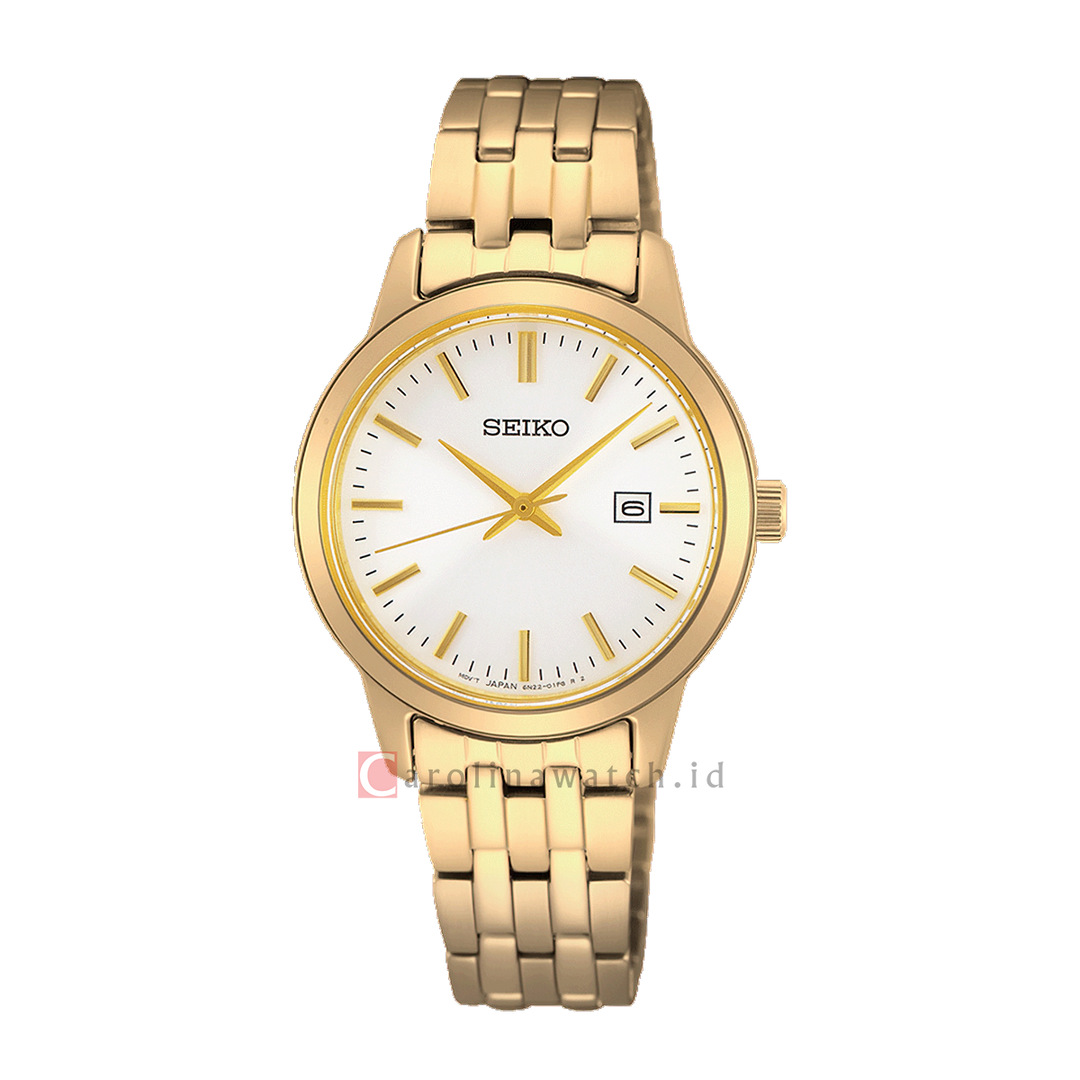 Jam Tangan Seiko Discover More SUR412P1 Women Essentials White Dial Gold Stainless Steel Strap