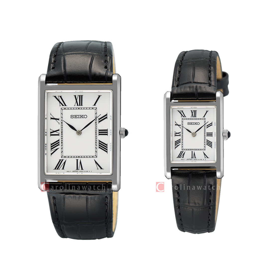 Jam Tangan Couple Seiko Classic SWR103P1/SWR107P1 Tank White Dial Black Leather Strap
