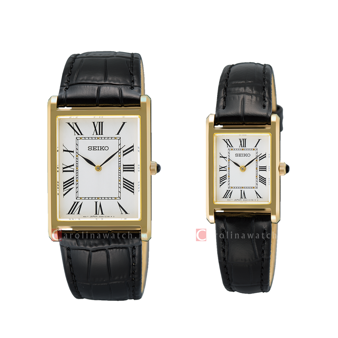 Jam Tangan Couple Seiko Classic SWR104P1/SWR108P1 Tank White Dial Black Leather Strap