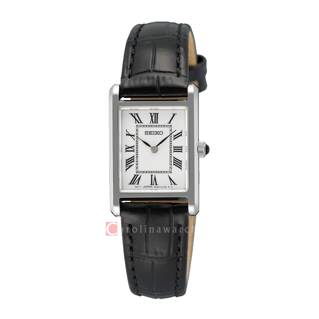 Jam Tangan Seiko Classic SWR107P1 Tank Women White Dial Black Leather Strap