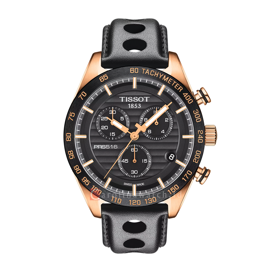 Jam Tangan TISSOT T-Sport PRS516 T1004173605100 Chronograph Men Black Pattern Dial Black Leather Strap