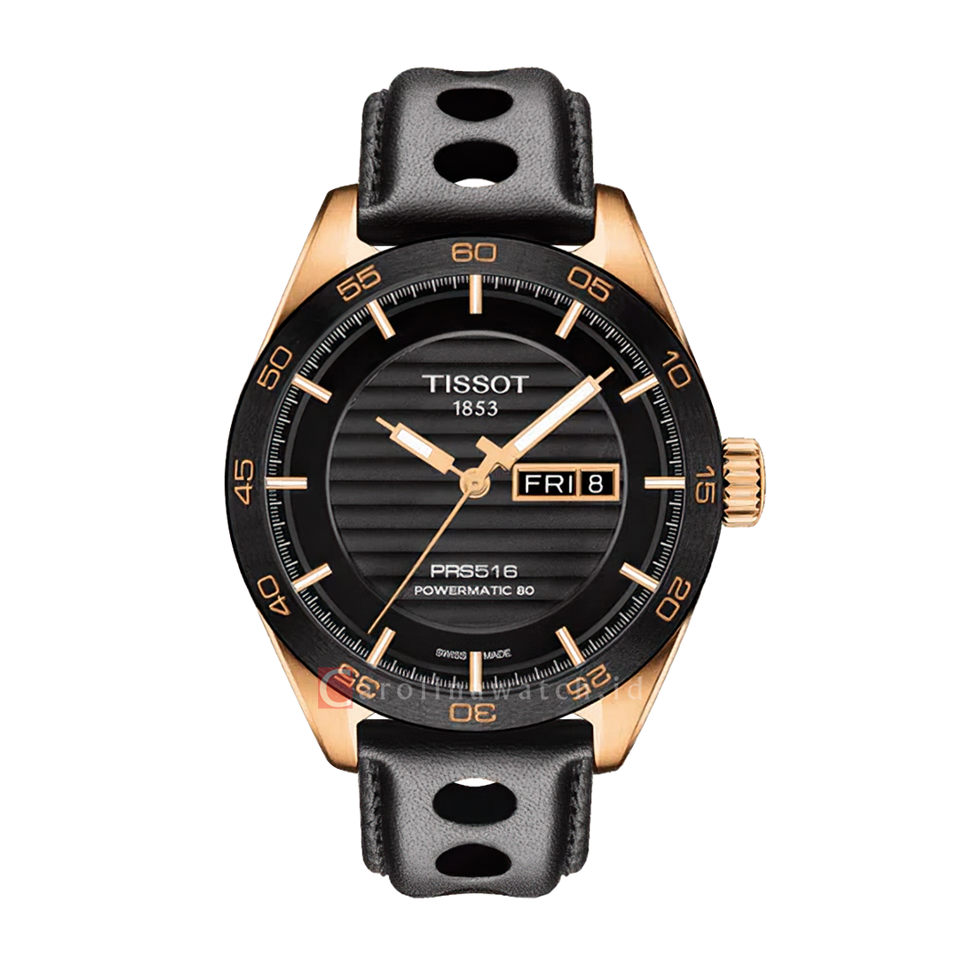 Jam Tangan TISSOT T-Sport PRS516 T1004303605100 Powermatic 80 Men Black Pattern Dial Black Leather Strap
