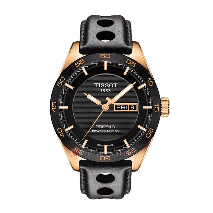 Jam Tangan TISSOT T-Sport PRS516 T1004303605100 Powermatic 80 Men Black Pattern Dial Black Leather Strap