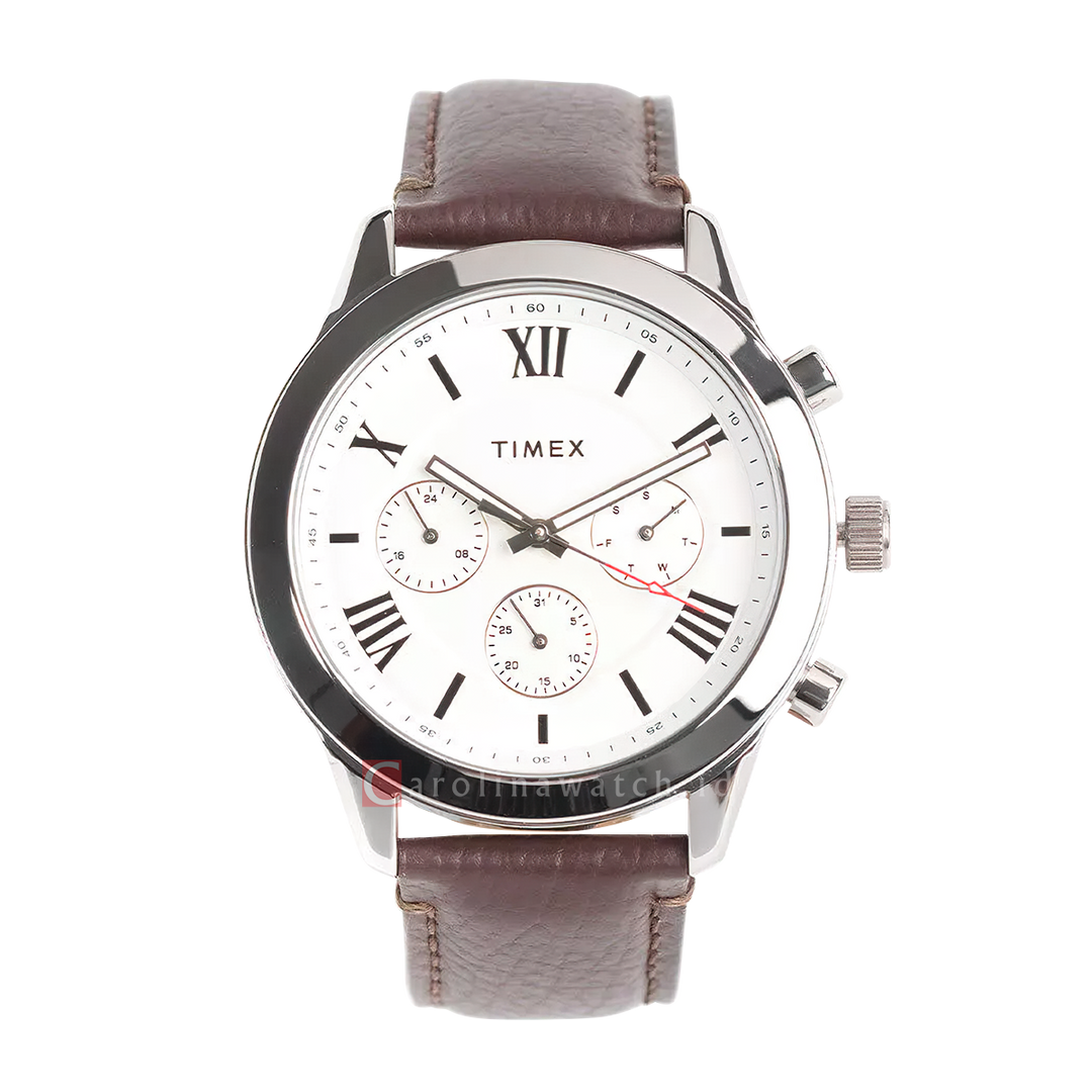 Jam Tangan Timex Thompson TW00NTD92E Men White Dial Brown Leather Strap