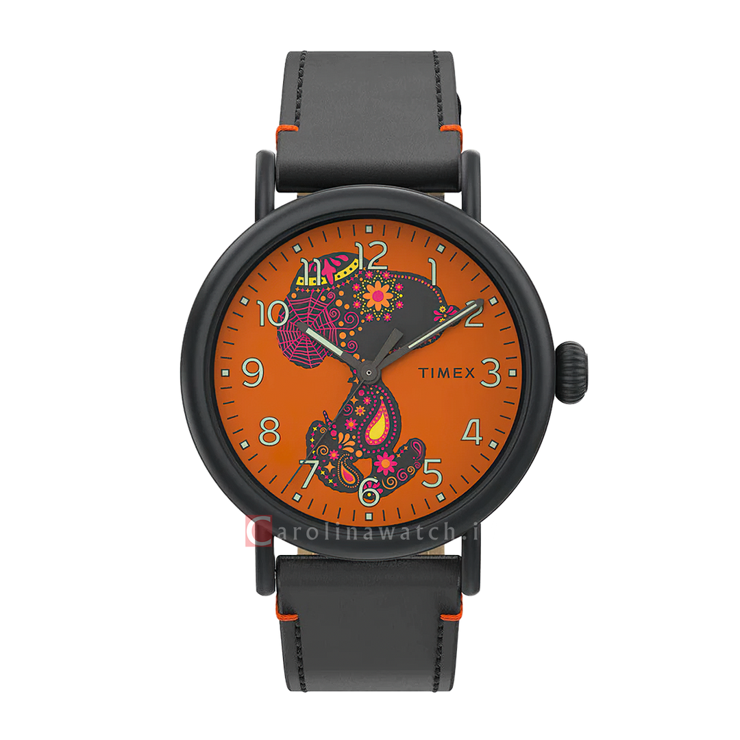 Jam Tangan Timex x Peanuts Snoopy Dia de los Muertos TW2V60800V5 Men Orange Dial Black Leather Strap