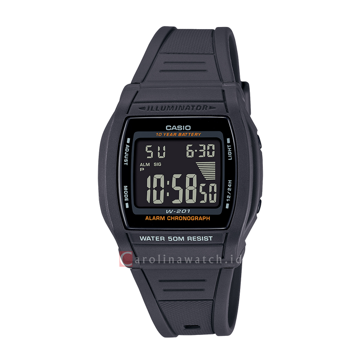 Jam Tangan Casio General W-201-1B Unisex Full Black Digital Dial Rubber Strap