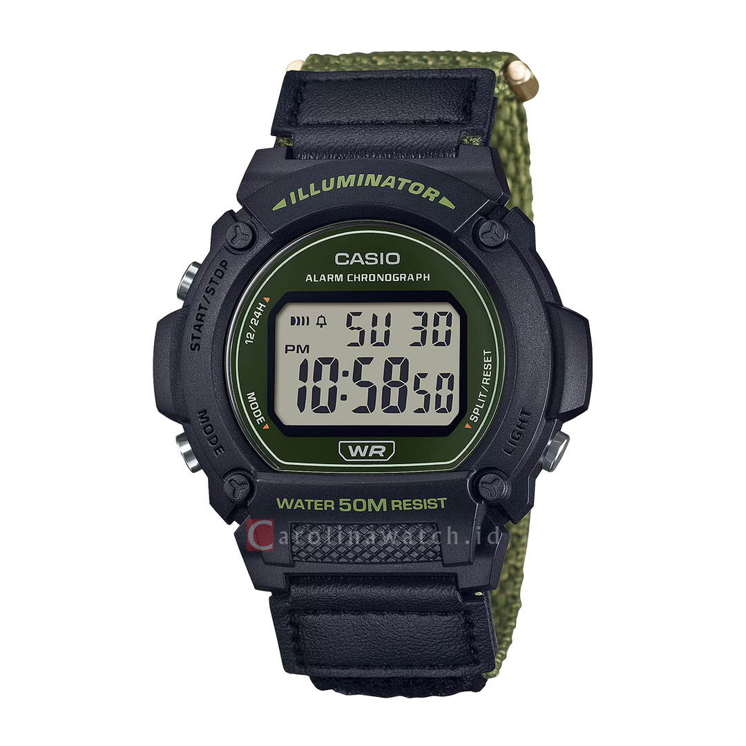 Jam Tangan Casio General W-219HB-3A Men Digital Dial Black Green Nylon Band