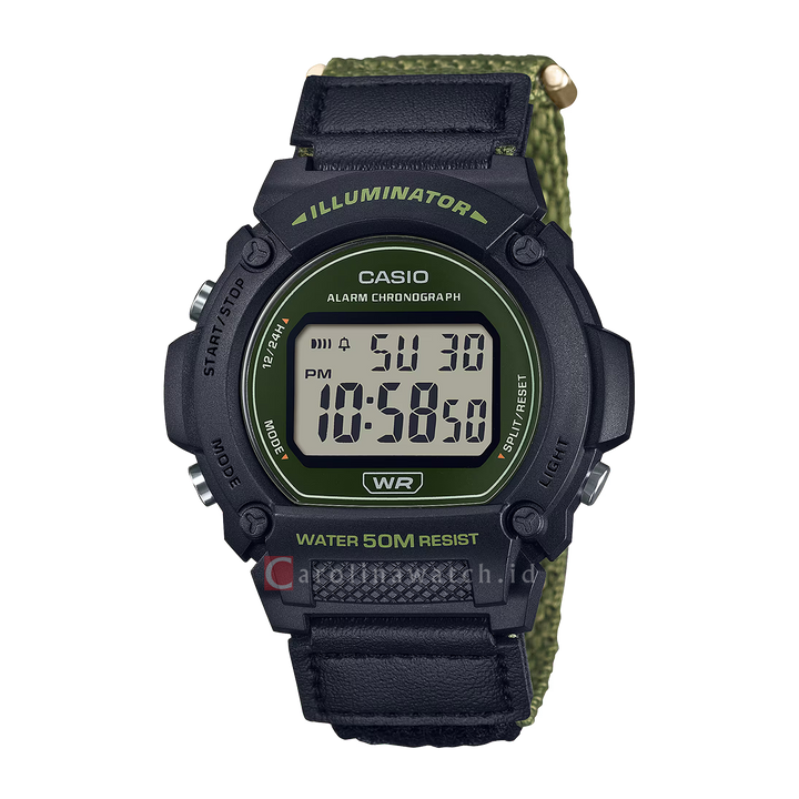 Jam Tangan Casio General W-219HB-3A Men Digital Dial Black Green Nylon Band