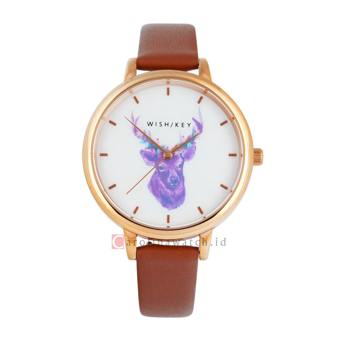 Jam Tangan WISH/KEY WK4024RG/06SET Women Analog Dial Brown Leather Strap