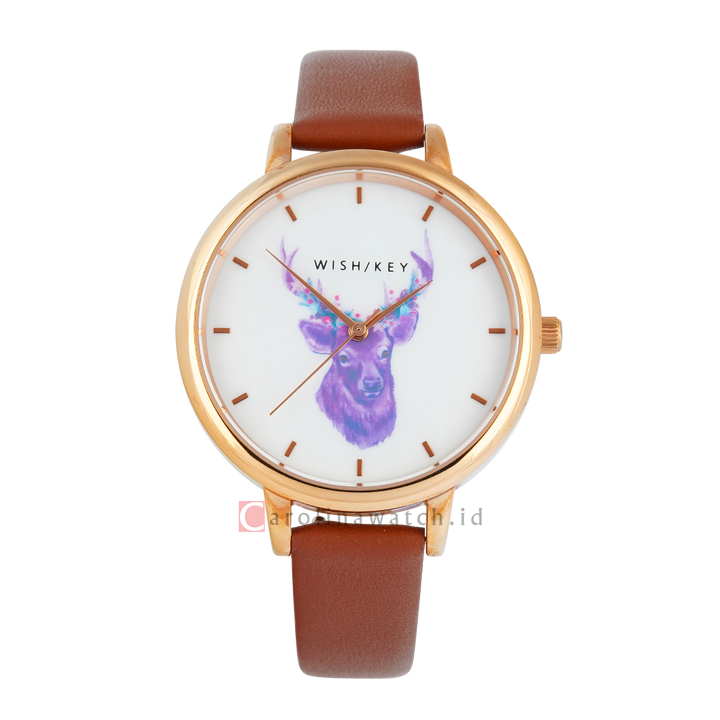 Jam Tangan WISH/KEY WK4024RG/06SET Women Analog Dial Brown Leather Strap