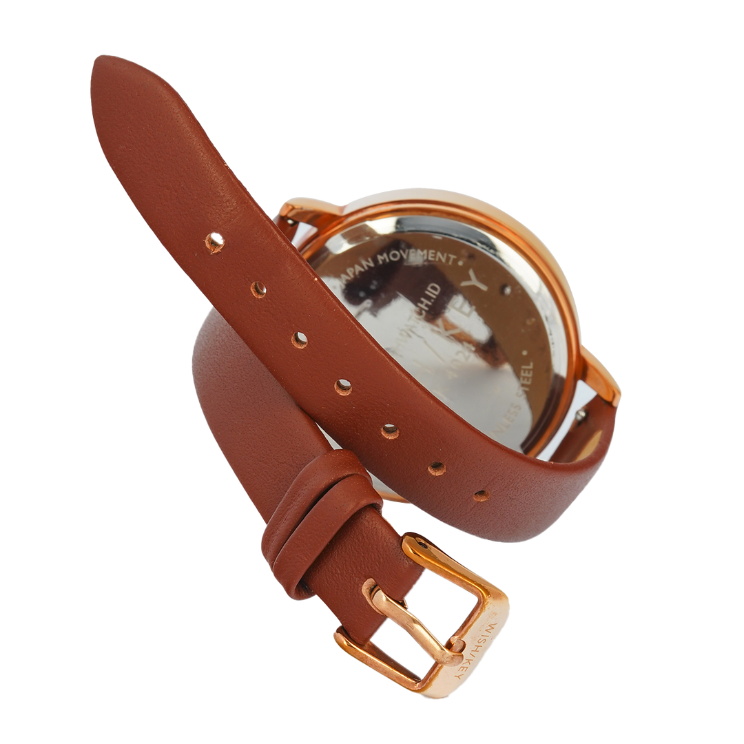 Jam Tangan WISH/KEY WK4024RG/06SET Women Analog Dial Brown Leather Strap
