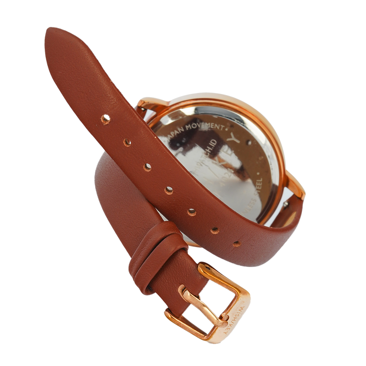 Jam Tangan WISH/KEY WK4024RG/06SET Women Analog Dial Brown Leather Strap
