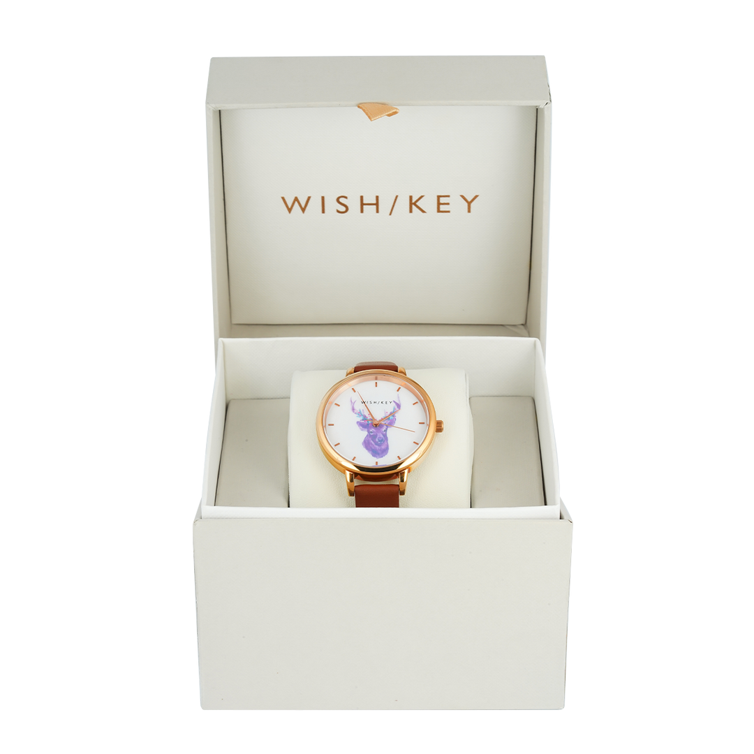 Jam Tangan WISH/KEY WK4024RG/06SET Women Analog Dial Brown Leather Strap