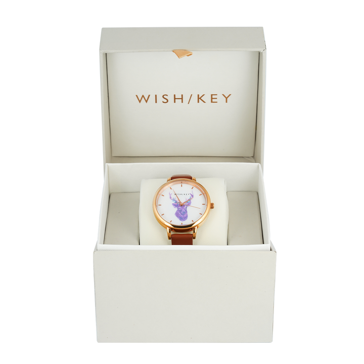 Jam Tangan WISH/KEY WK4024RG/06SET Women Analog Dial Brown Leather Strap