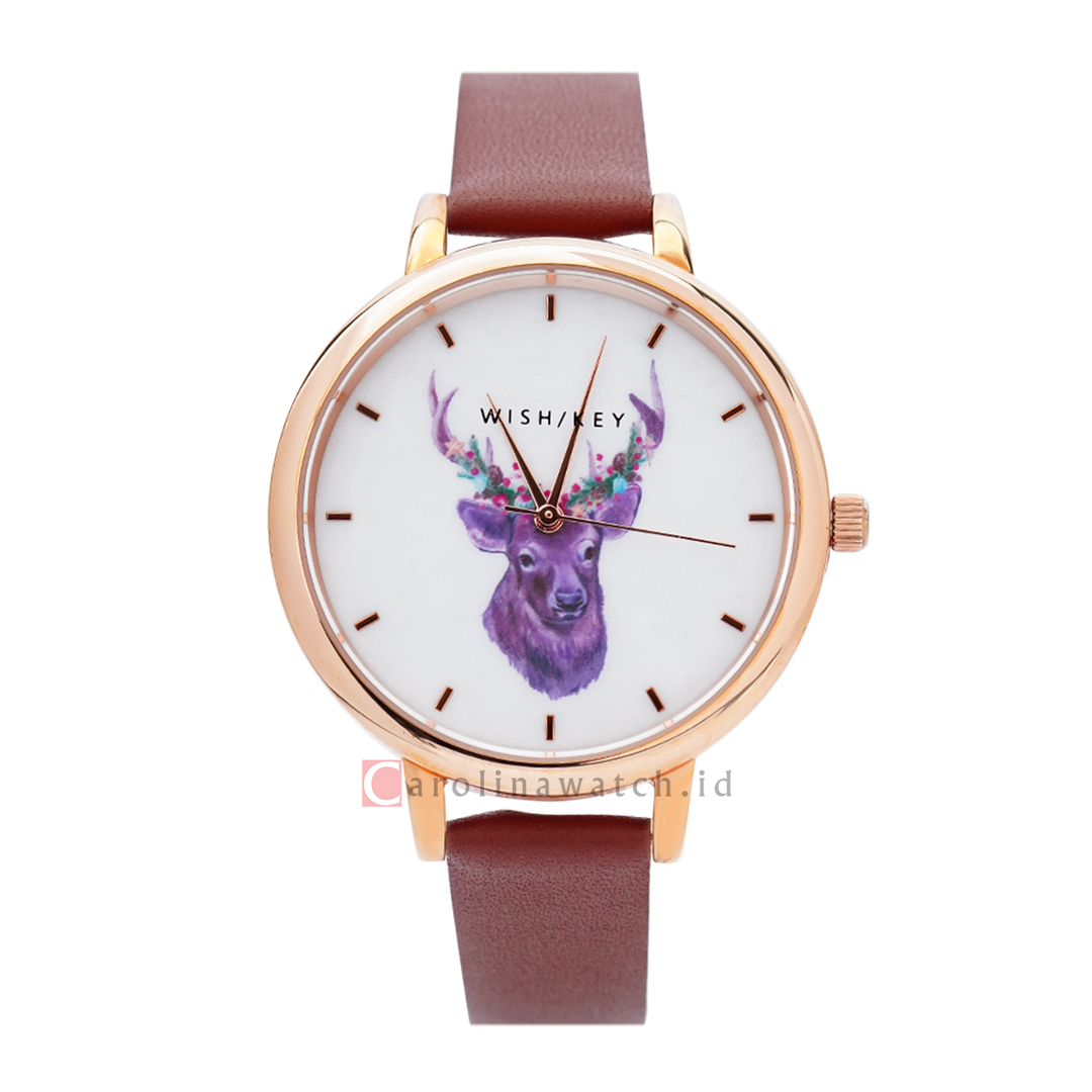 Jam Tangan WISH/KEY WK4024RG/06SET Women Analog Dial Brown Leather Strap