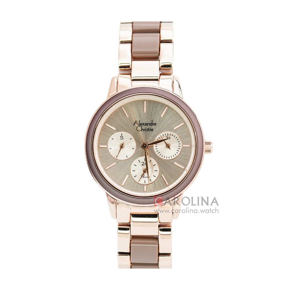 Jam Tangan Alexandre Christie AC 2938 BFBRGRGDB Women Brown Dial Dual Stone Strainless Steel Strap