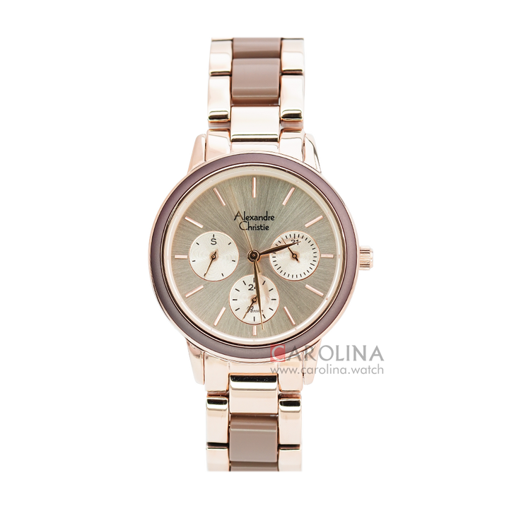 Jam Tangan Alexandre Christie AC 2938 BFBRGRGDB Women Brown Dial Dual Stone Strainless Steel Strap