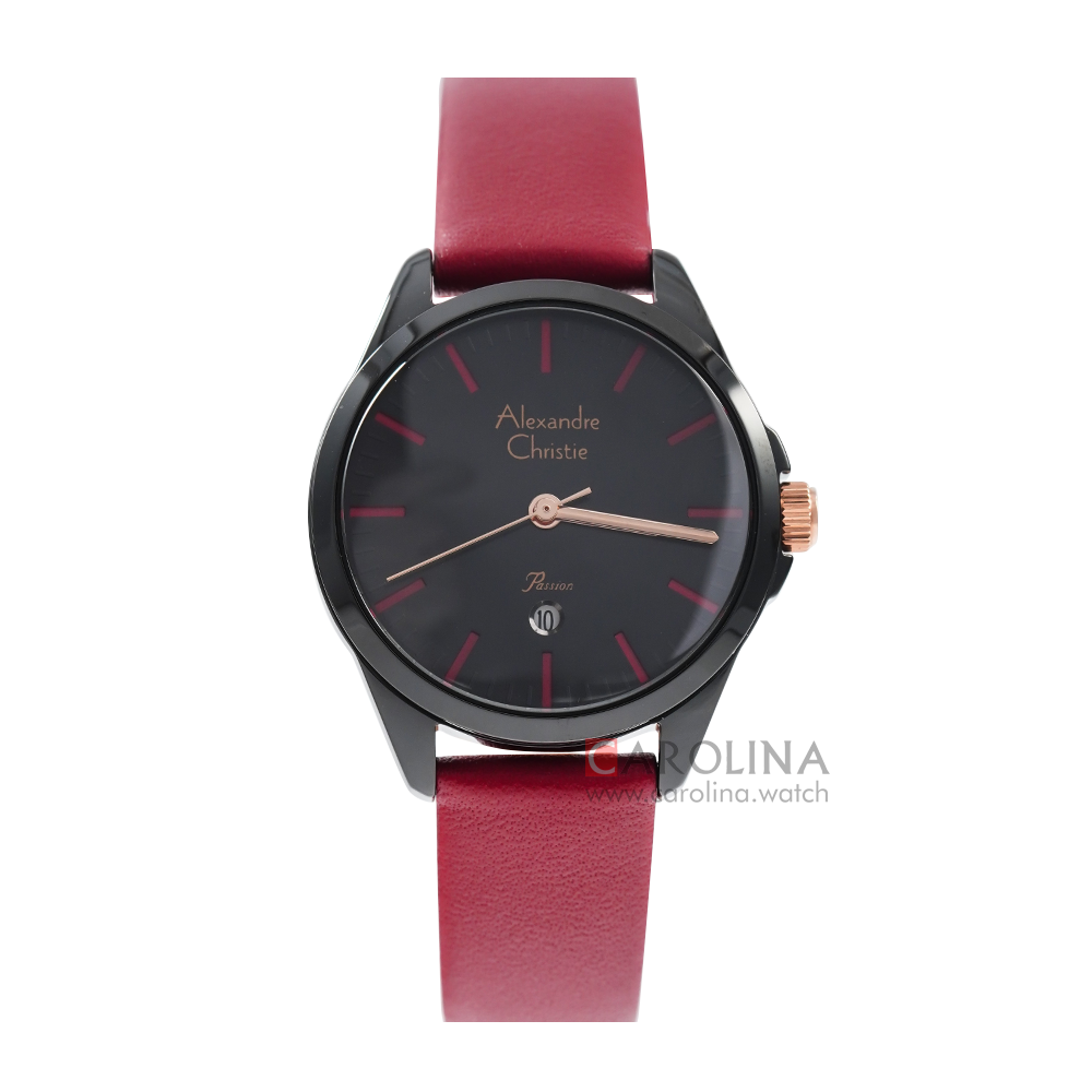 Jam Tangan Alexandre Christie AC 2A18 LDLIPBARE Women Black Dial Red Leather Strap
