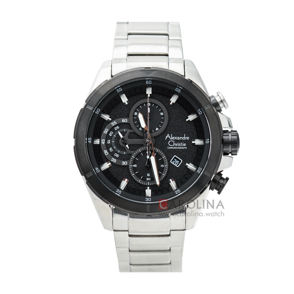 Jam Tangan Alexandre Christie Chronograph AC 6508 MCBTBBA Men Black Dial Stainless Steel Strap