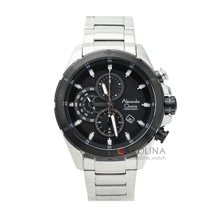 Jam Tangan Alexandre Christie Chronograph AC 6508 MCBTBBA Men Black Dial Stainless Steel Strap