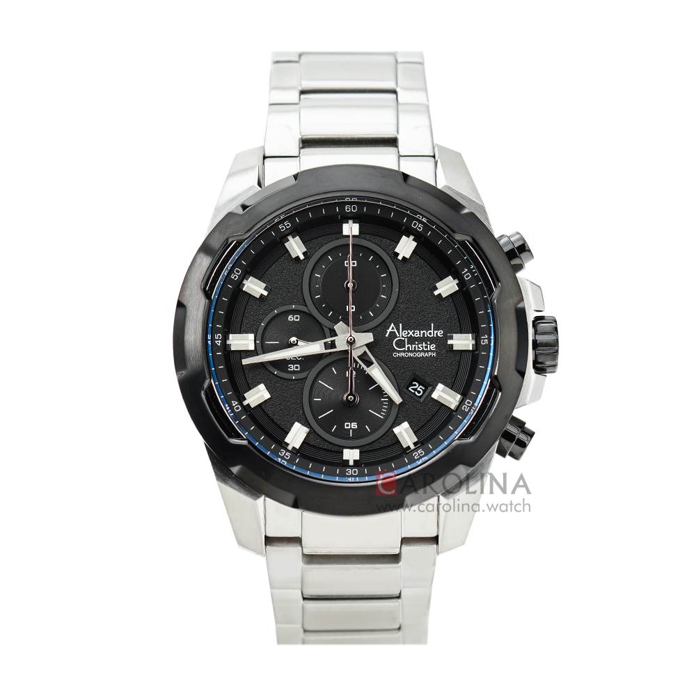 Jam Tangan Alexandre Christie Chronograph AC 6523 MCBTBBA Men Black Dial Stainless Steel Strap